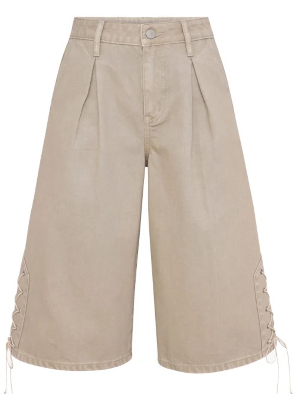 High-Rise Wide-Leg Lace-Up Bermuda Shorts in Tan